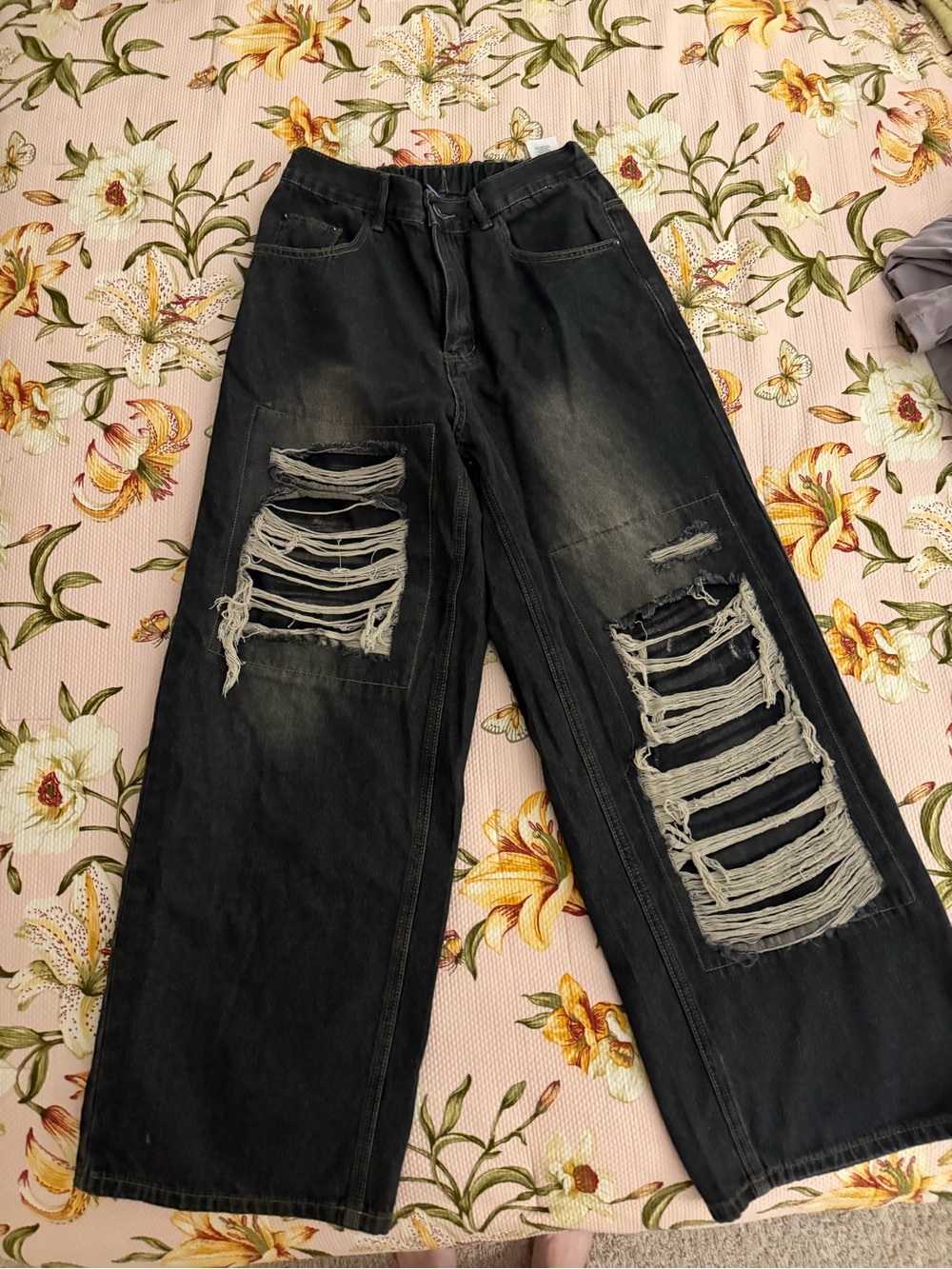 Black Distressed Alfric Eden Wide-Leg Jeans